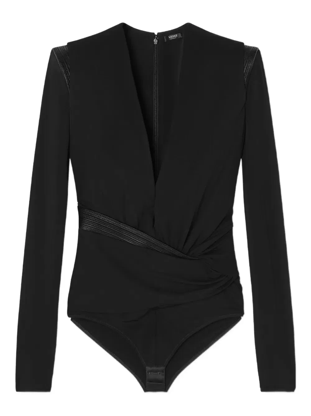 leather-trimmed wrap blouse