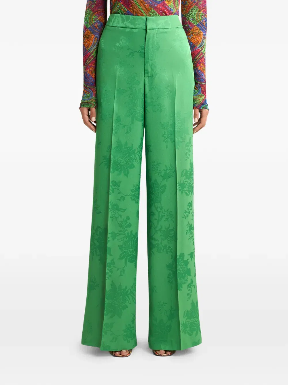 floral-motif jacquard trousers