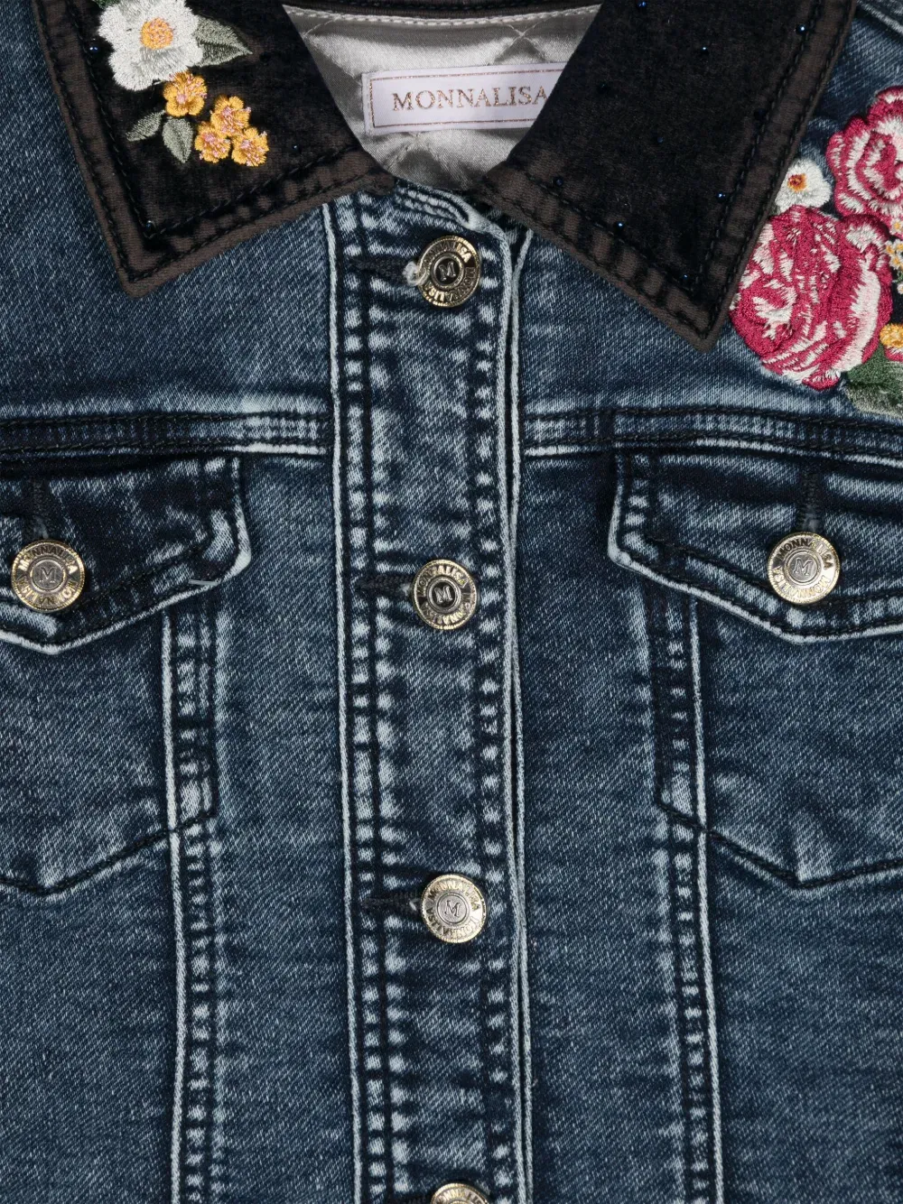 floral-embroidered padded denim jacket