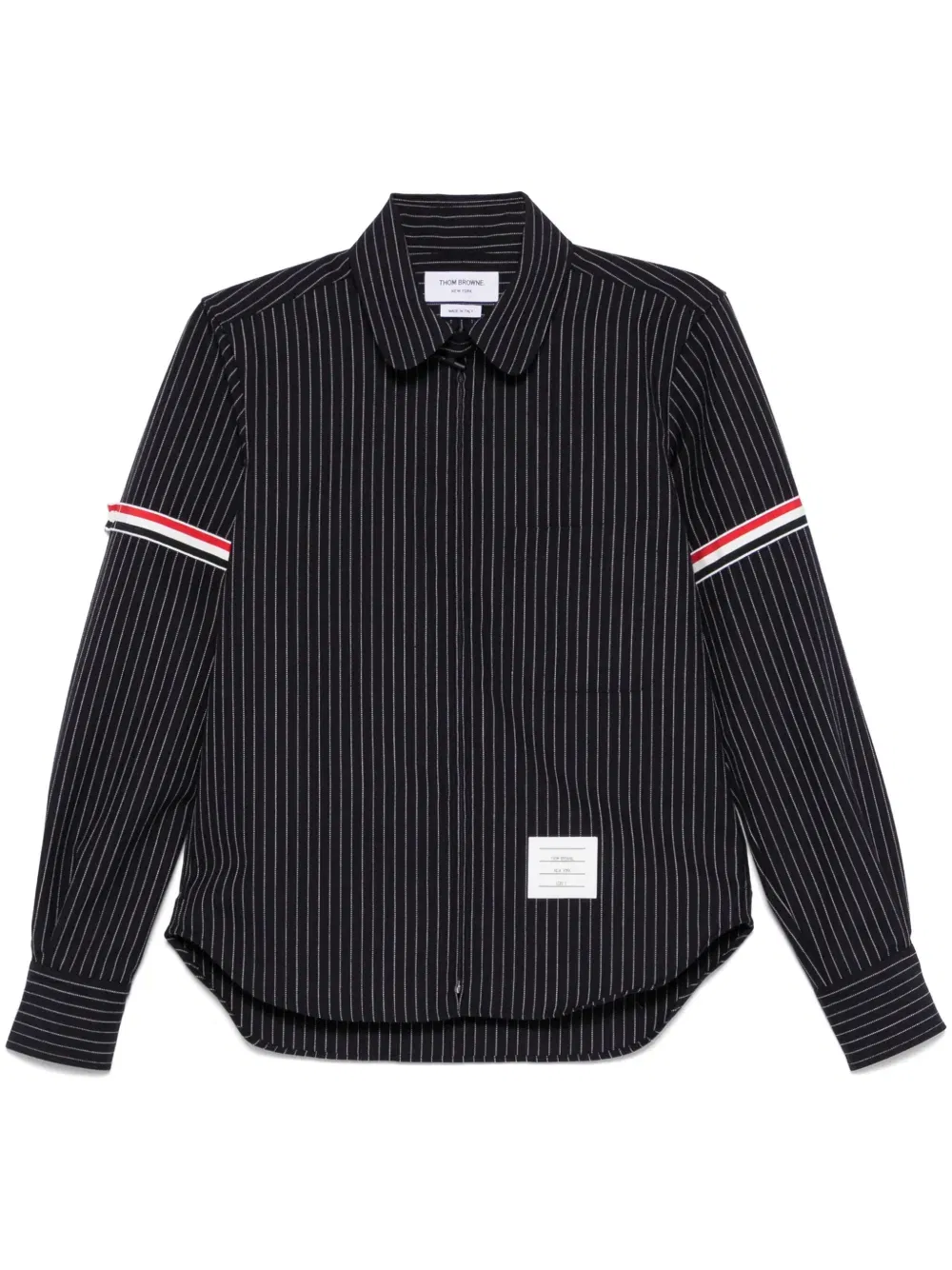 pinstriped zip-up shirt