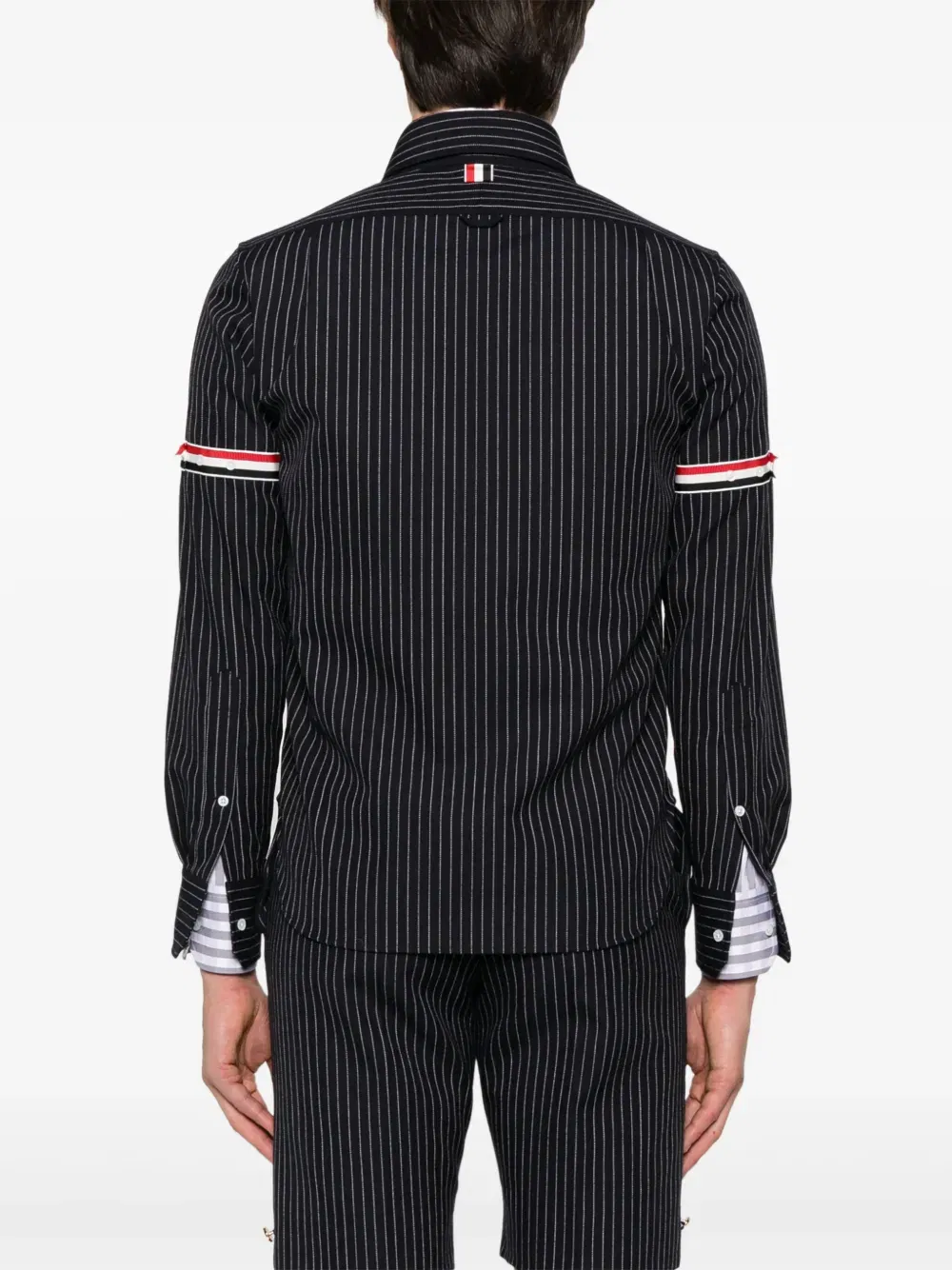 pinstriped zip-up shirt