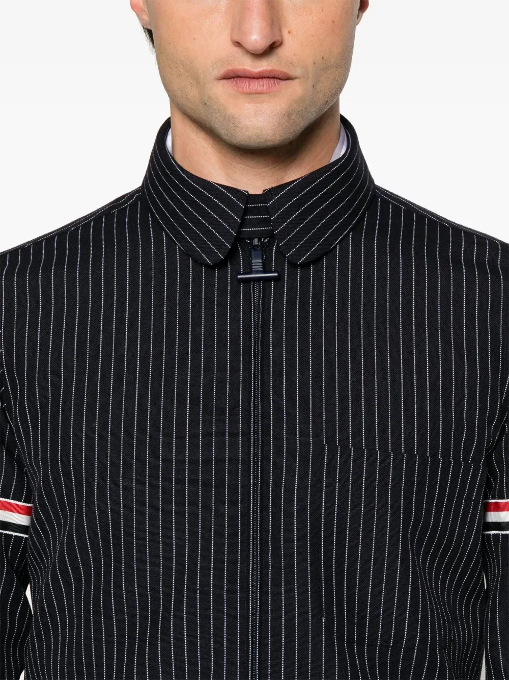 pinstriped zip-up shirt