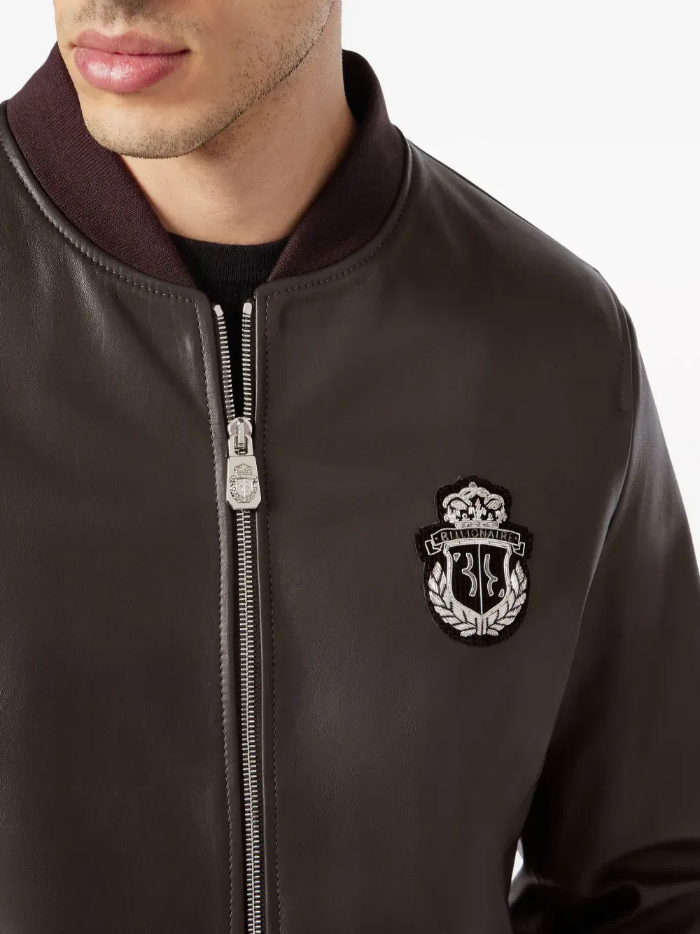 logo-patch leather bomber jacket