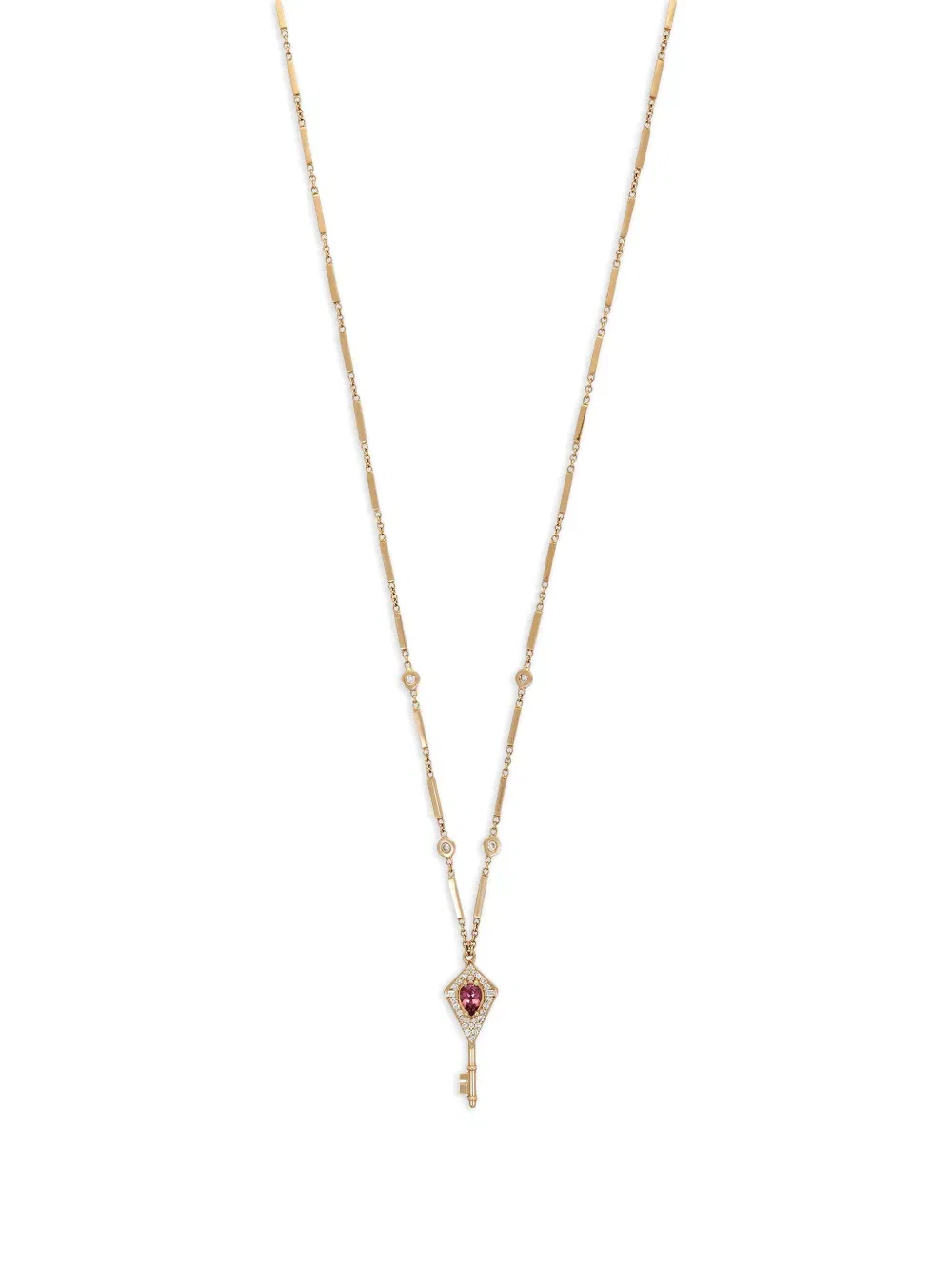 14K yellow gold pink tourmaline and diamond key pendant necklace