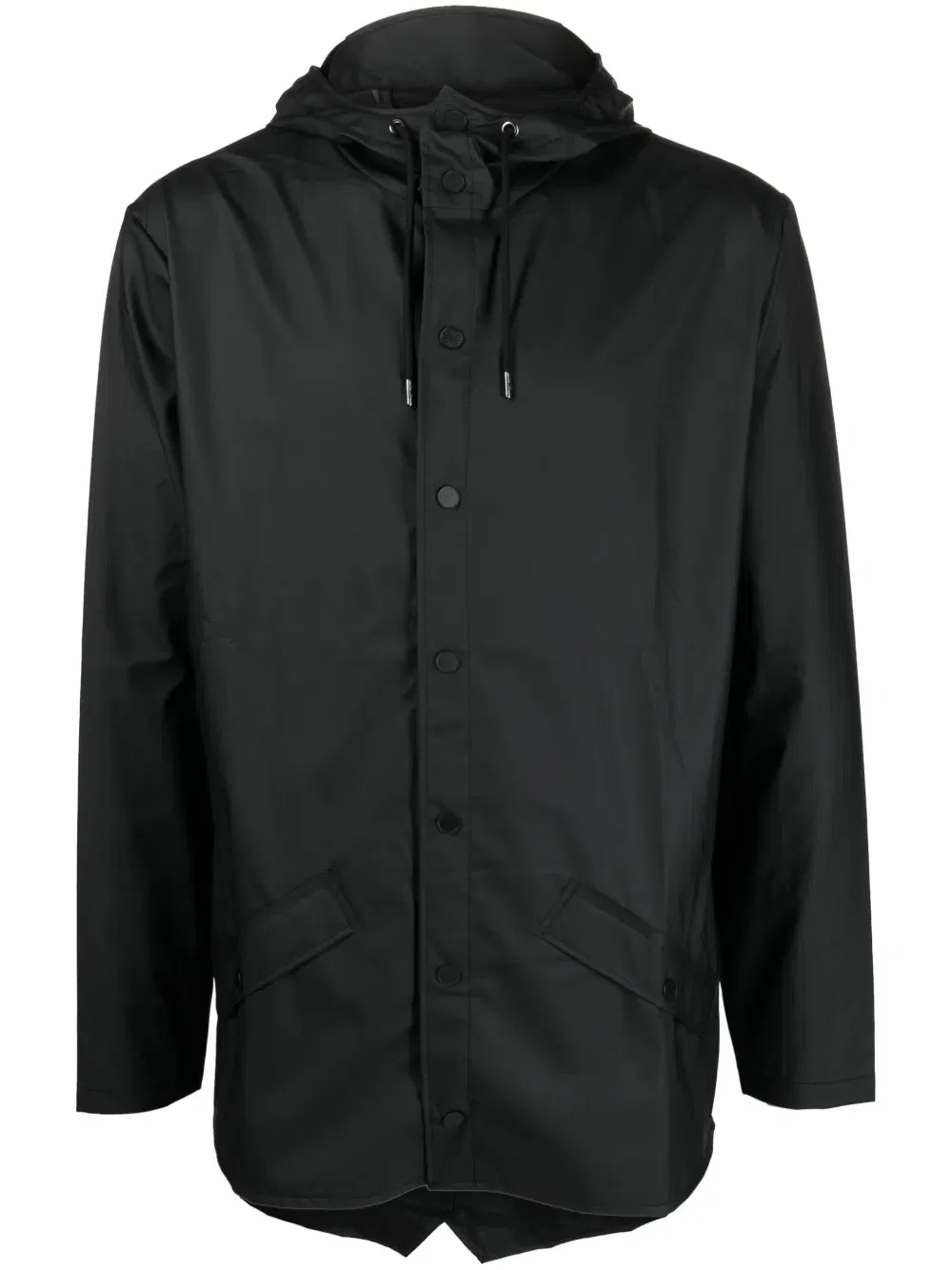 drawstring-hooded buttoned rain jacket