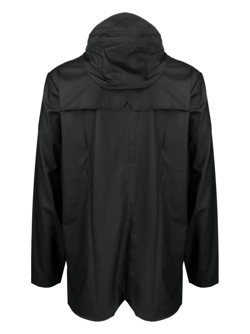drawstring-hooded buttoned rain jacket