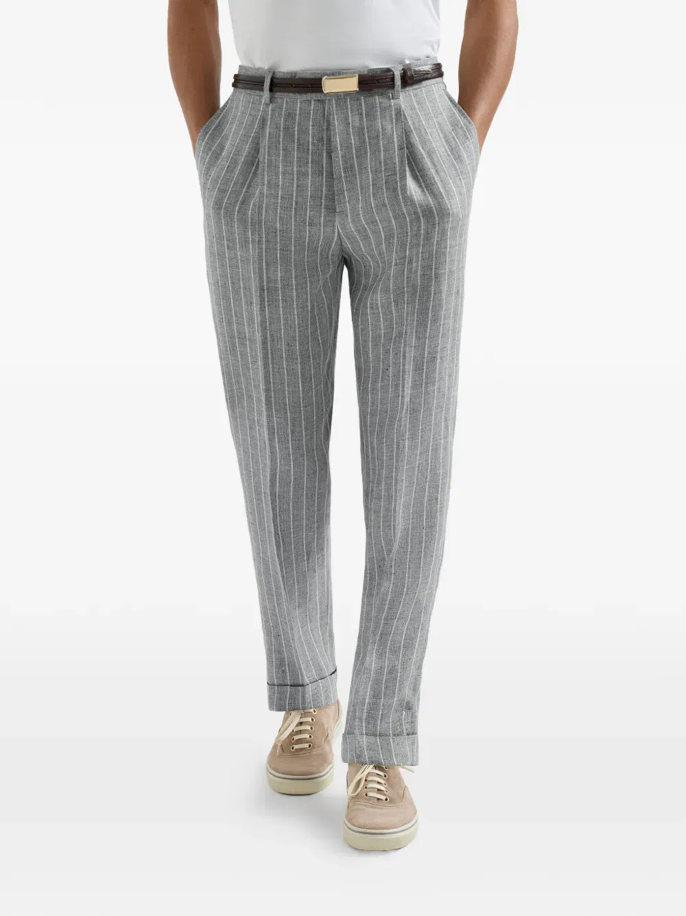 chalk-stripe linen twill trousers with pleat