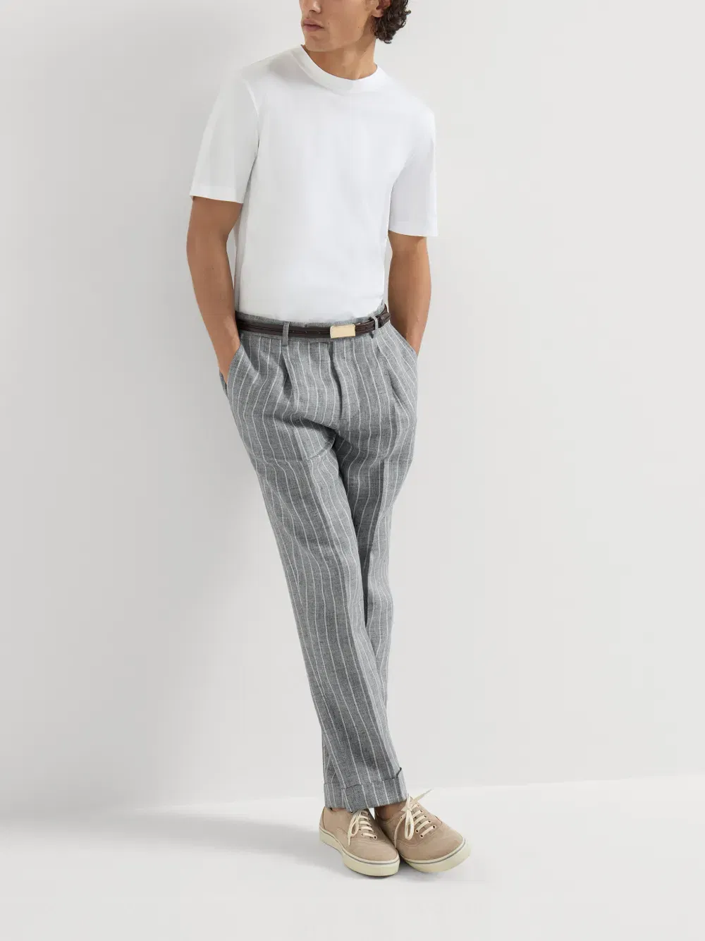 chalk-stripe linen twill trousers with pleat
