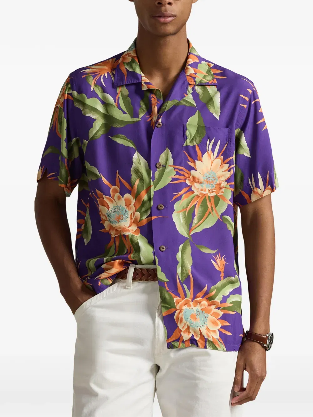 floral-print pocket camp shirt