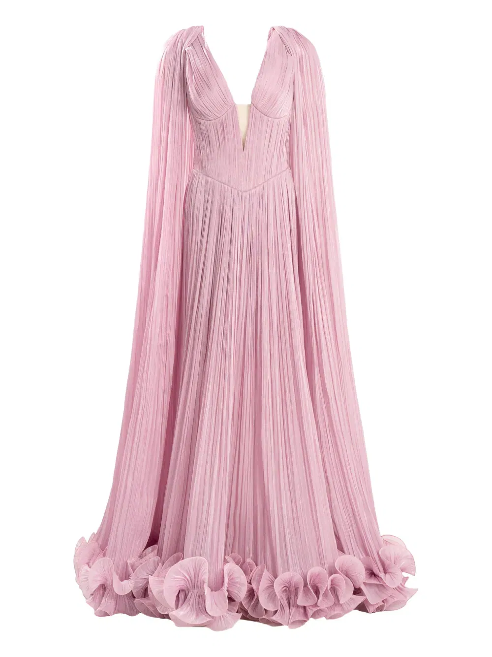 cape-pleated ruffle maxi dress