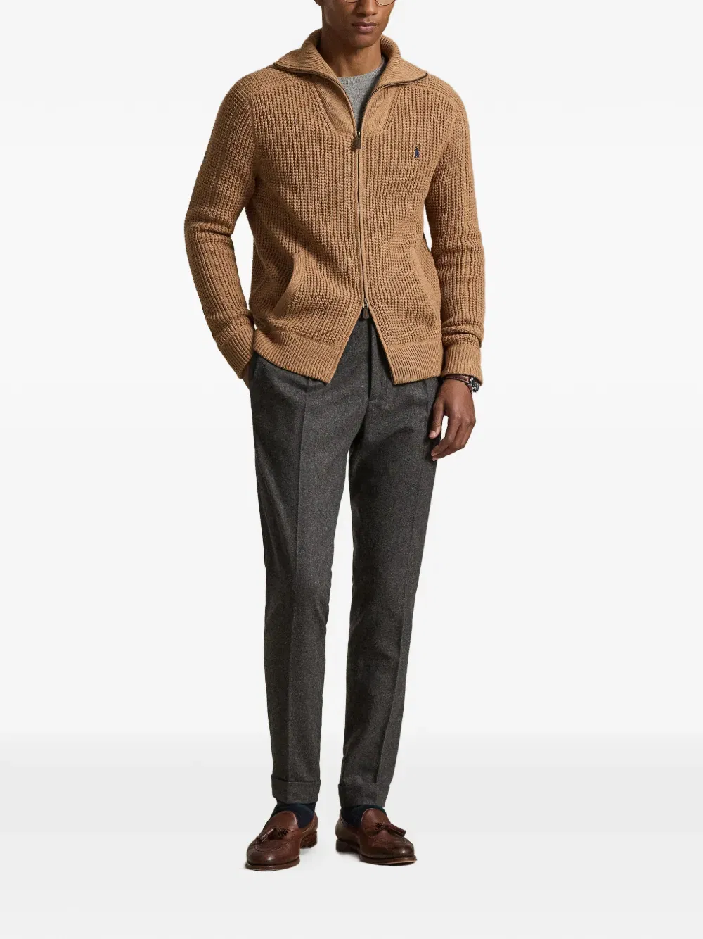 waffle-knit full-zip cardigan