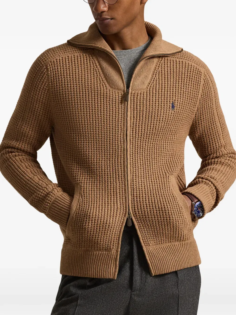 waffle-knit full-zip cardigan